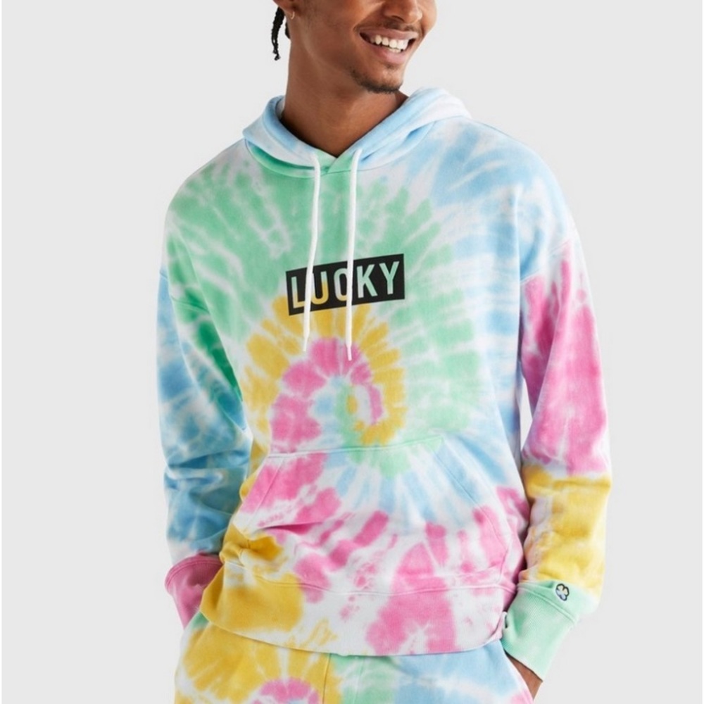 NWT Lucky Brand Rainbow Tie Dye Logo Gender Neutral Hoodie Sz Small